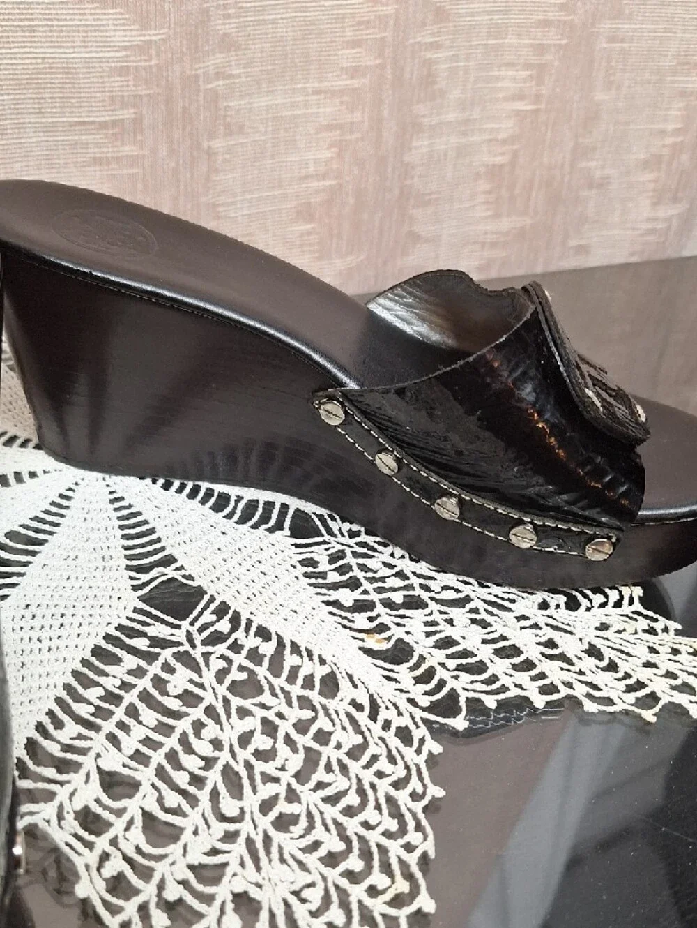 Tory Burch Black Patent Slide Mules with Logo Medallion